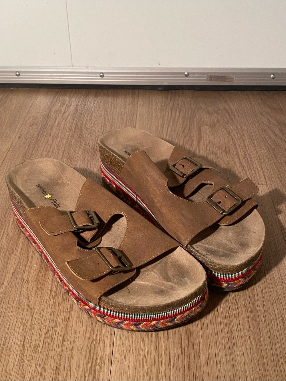 Seven Dials Brown Double-Buckle Platform Clogs with Multicolor Braided Trim